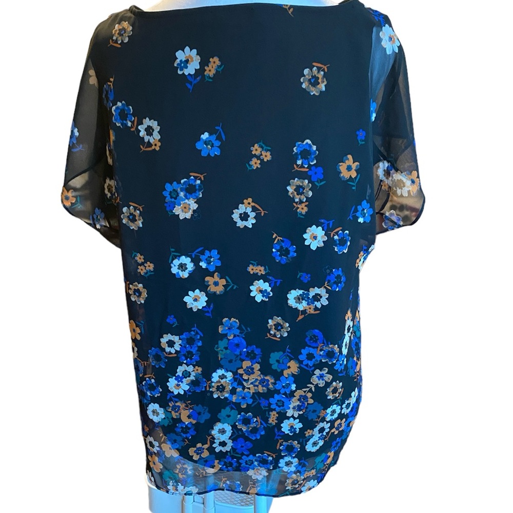 Calvin Klein Navy Floral Blouse Top Lined sheer sleeves Size M - Picture 2 of 7